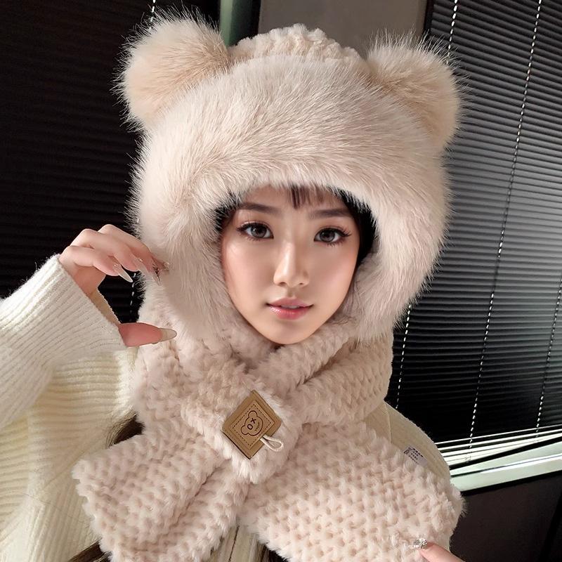Cute Bear Hat Gloves Three In One Scarf Plush Hat for Women In Winter Riding Easy Outdoor High End Warm Hat