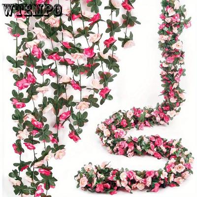 4 Stück Rosa Blumengirlande Künstlicher Rosenbogen Ranken Gefälschte Frühlingsblumengirlande für Blumenwand-Hintergrund Hochzeit Garten Teeparty Dekoration