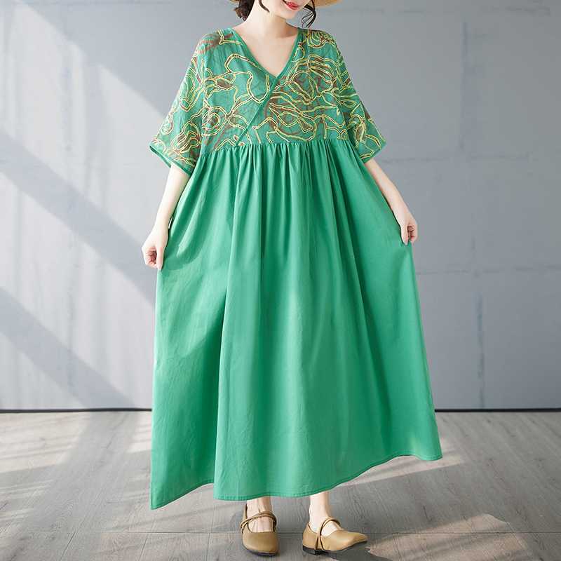 Cotton and Linen Summer Patchwork Retro Style Dress Long Skirt