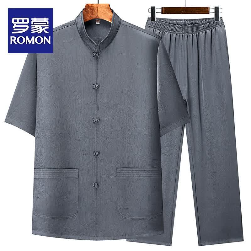 ROMON Men s Ice Silk New Chinese Style Two-Piece Set 4XL