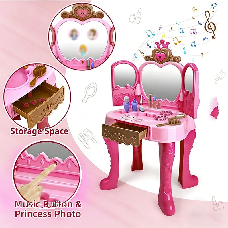 Simulated Dressing Table with Lights Music Inductive Door Pretend Play Vanity Table Makeup Hair Styling Role-play Set Girls Toys