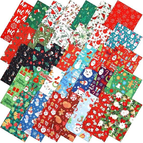 Irenare 100 Pcs 8 x 8 Inches Christmas Fabric Bundles Fat Quarters Santa Claus Precut Fabric Bundle Squares Xmas Tree Snowman Printed Sewing