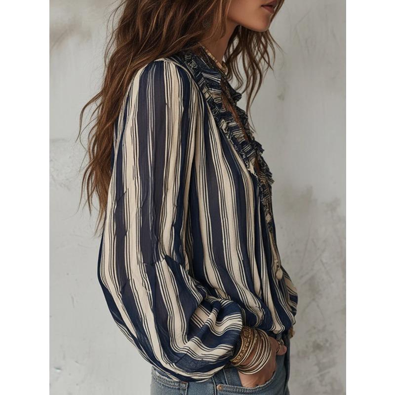 TIFICY Blusas e camisas femininas casuais primavera outono com estampa listrada e manga comprida e decote em V