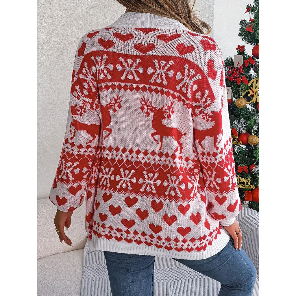 GMXIA Autumn Winter Christmas Reindeer Pocket Long-sleeved Cardigan Sweater Coat Women's Wear