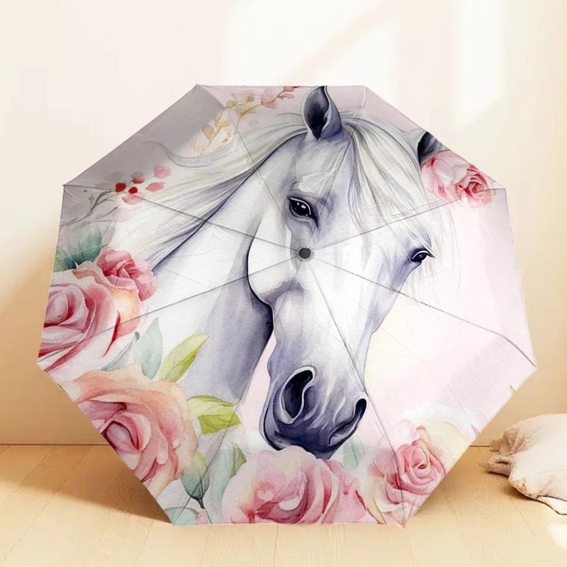 1pc Horse Floral Automatic Folding Umbrella, Heavy Duty 8 Rib Iron Frame,  Suitable for Travel, Daily Use, Birthday, Decor Gift m0104035