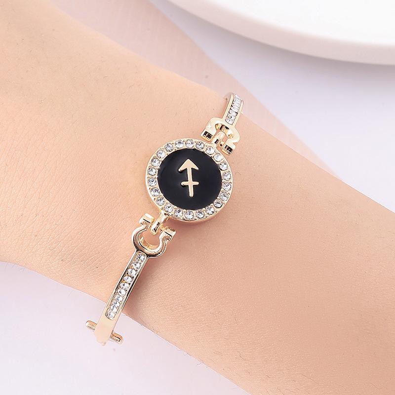 12 Zodiac Signs Bracelet for Women, Rose Gold Plated Inlaid Diamond Constellation Bangle, Fashion Couple Jewelry Gift