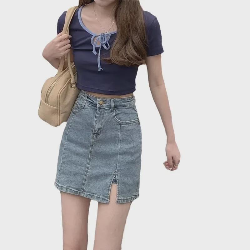 Korean Chic High Waist Denim A-Line Skirt - Women's Summer Retro Style