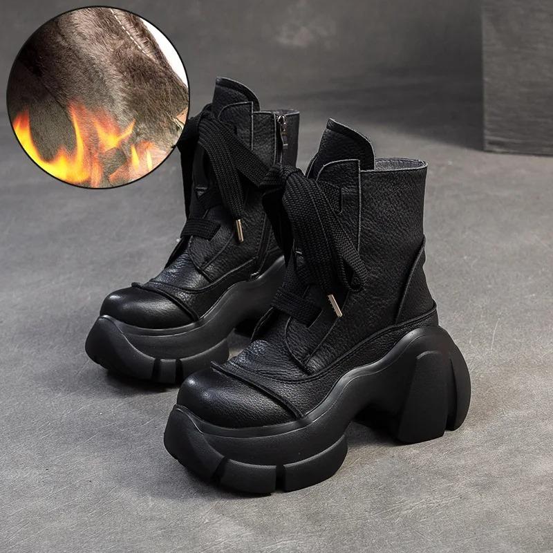 

Johnature Натуральная кожа Ретро Толстая подошва Плюшевые Теплые Короткие Ботинки Универсальные Высокие Каблуки Женские Ботинки на Платформе 38-Plush чёрный