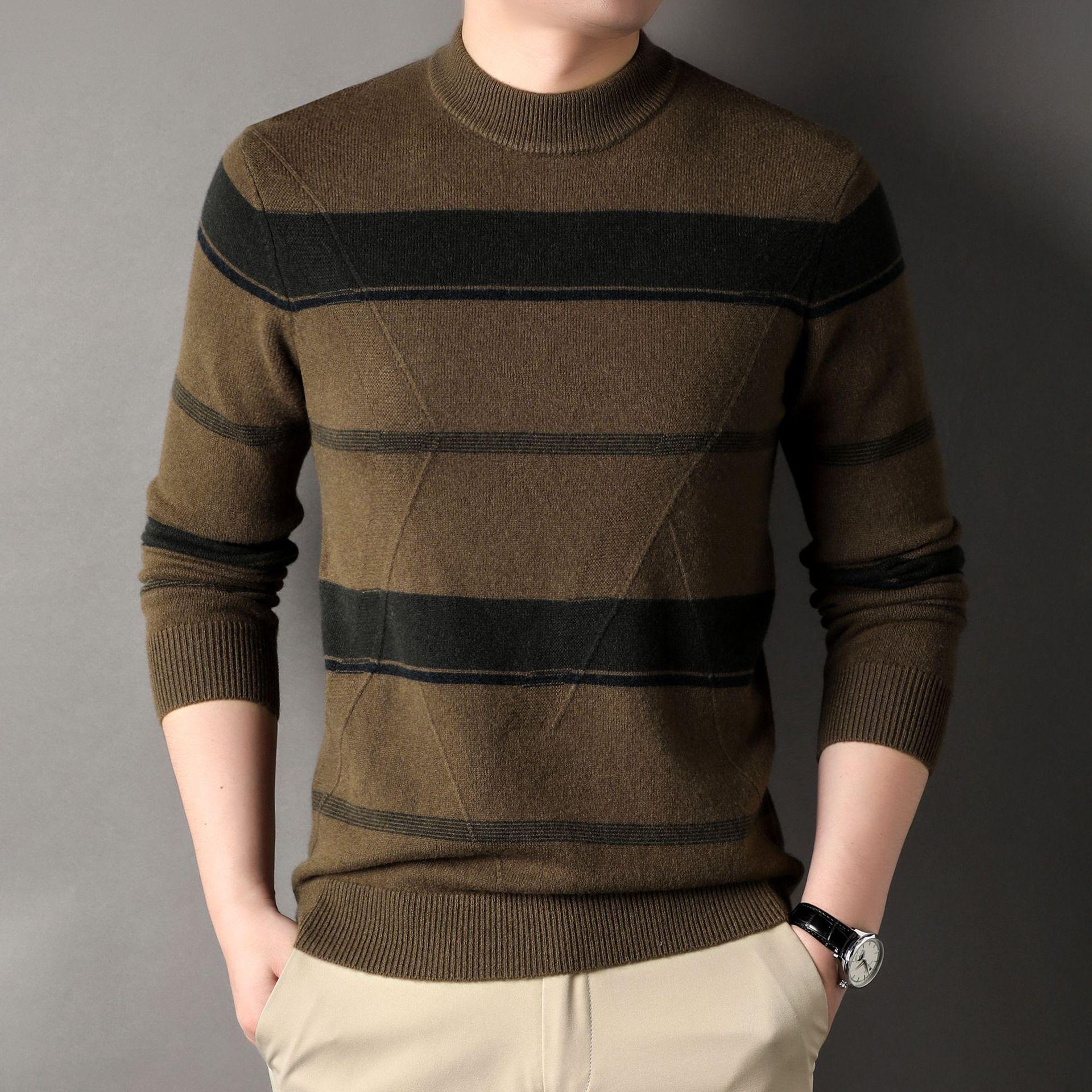 

Осенне-зимний теплый шерстяной свитер 100% с круглым вырезом в полоску для мужчин среднего возраста, вязаный свитер, свободный повседневный шерстяной свитер с низом 3XL