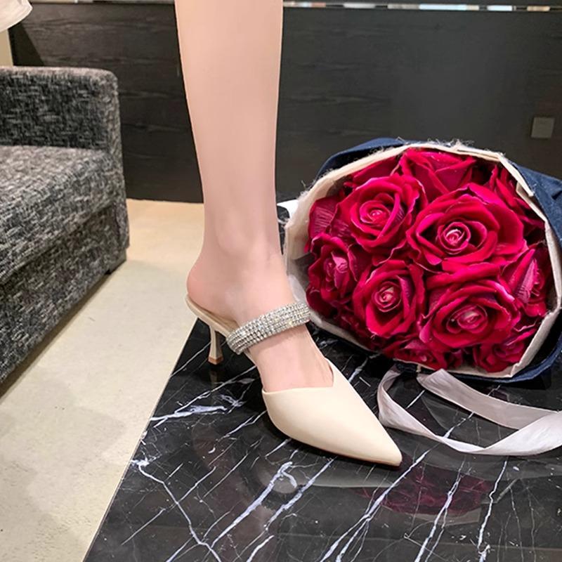 French high-heeled cool slippers women's 2025 spring temperament flash rhinestone thin heel pointed single shoes sexy bag head half drag