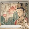 Dunhuang Style Guanyin & Lotus Tapestry Retro Zen Buddha Statue Wall Hanging for Tea Room, Living Room & Study Decor