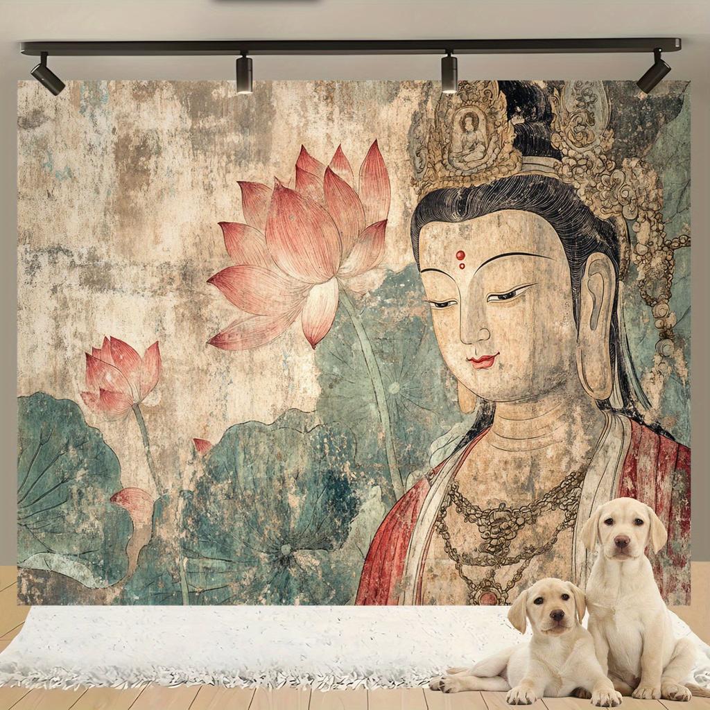 Dunhuang Style Guanyin & Lotus Tapestry Retro Zen Buddha Statue Wall Hanging for Tea Room, Living Room & Study Decor