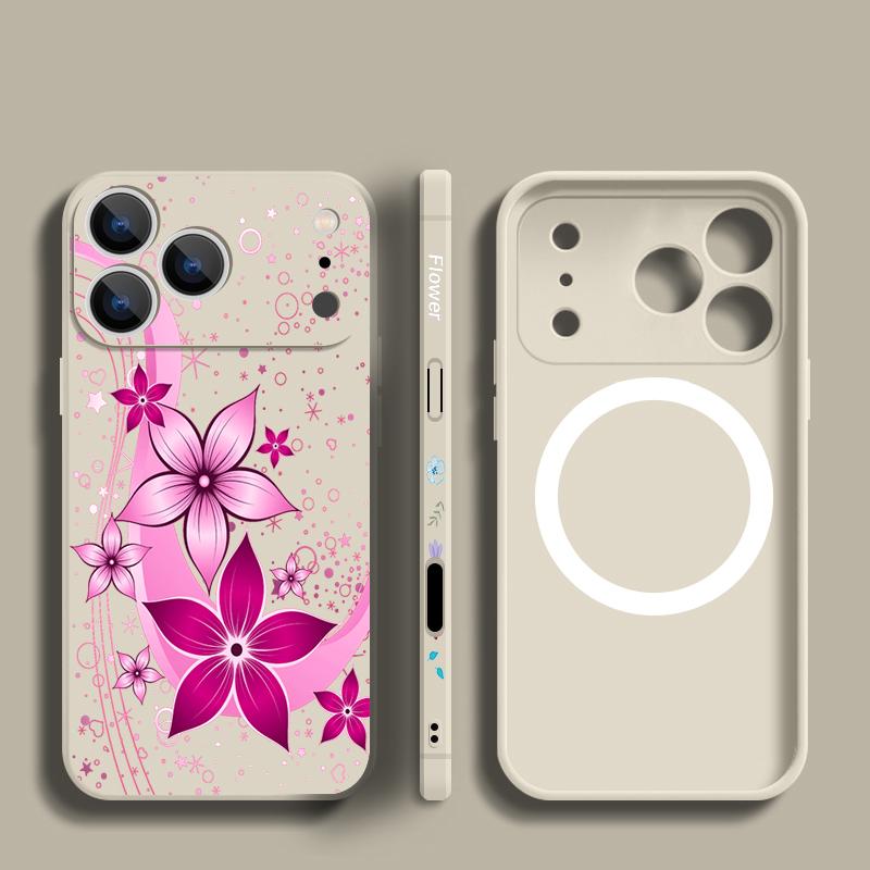 Pink Cartoon Flower Case For iPhone 17 Pro Max iPhone 16 15 14 13 Pro Max Magnetic For Magsafe Soft Silicone Phone Back Cover