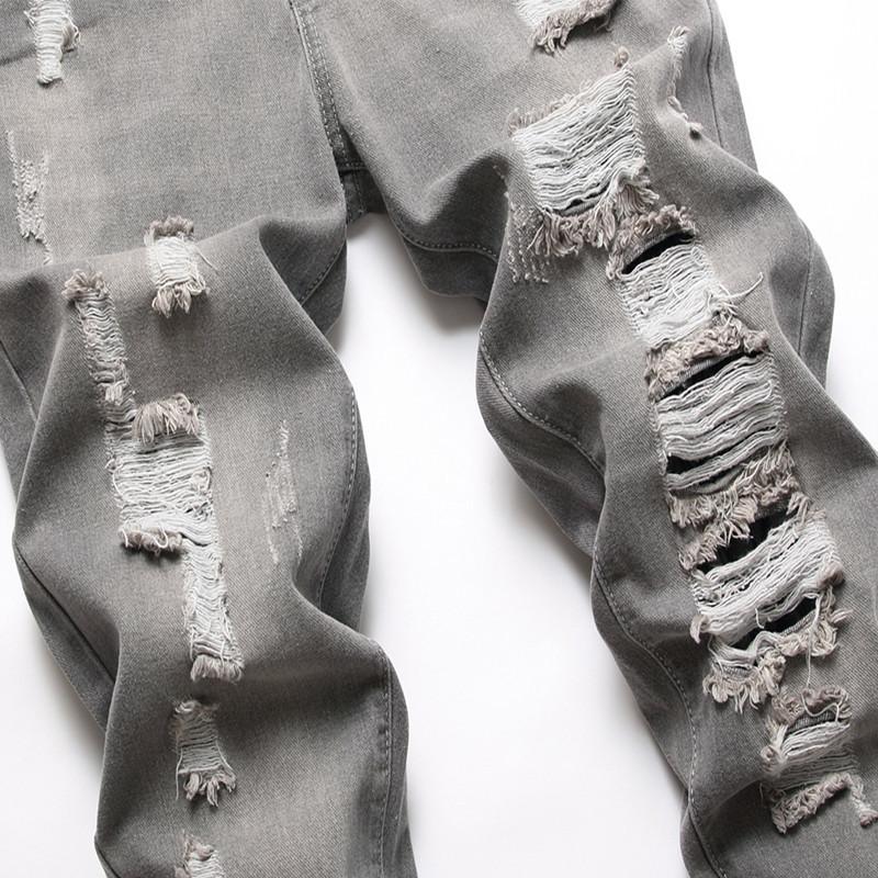 2024 European And American New Perforated Casual Gray Washed Denim Ordinary Non Elastic Mid Waist Slim Fit Pants