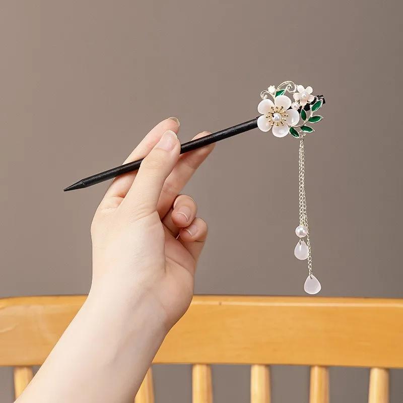 New Chinese Style Antique Style Green Fan Flower Women's Walk Shaking Wooden Hairpin Banquet Party Cheongsam Hanfu Accessories