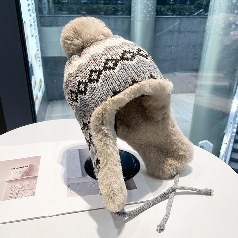 Northeast Cycling Ear Protection Wool Hat Women's Winter Plush Jacquard Knitted Lei Feng Hat Thickened Warm Bag Head Hat