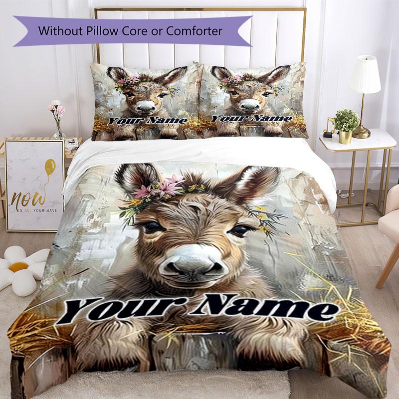 3PC Custom Name Donkey Floral Crown Bedding Set Duvet Cover Closure Includes 1 Duvet Cover & 2 Pillowcases for Bedroom