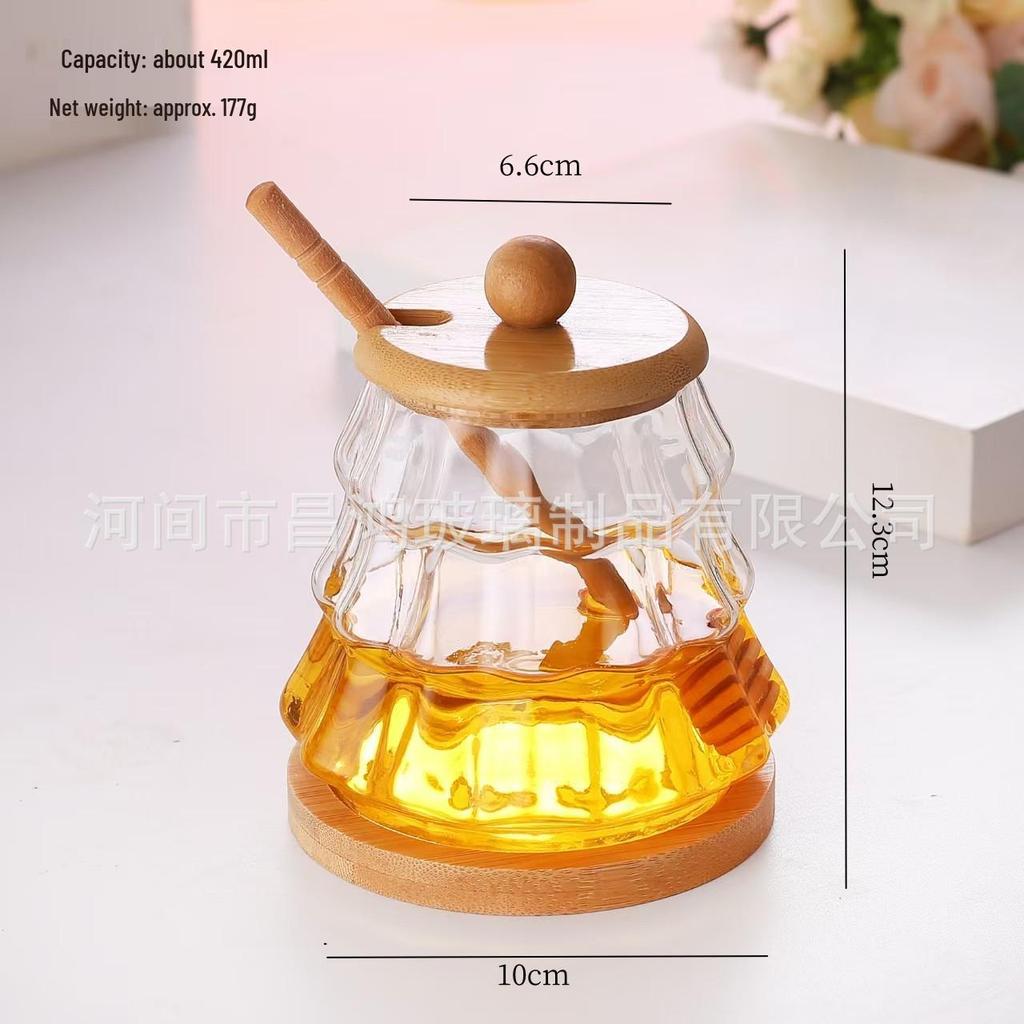 High Borosilicate Glass Honey Jar with Lid and Stirrer - Kitchen Storage Jar