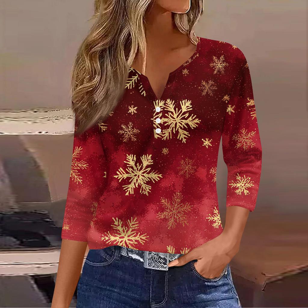 Women's Fashion Casual Christmas Tree Print V-Neck Decorative Button Three-Quarter Sleeve T-Shirt Top