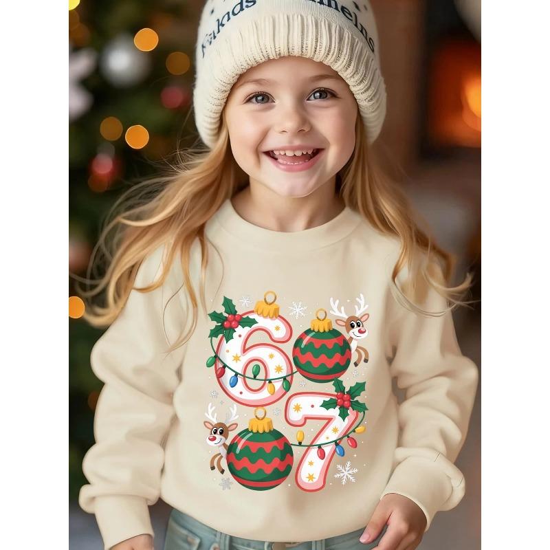 Unisex Kids Black Crewneck Sweatshirt For 4-12 Boys Girls Christmas Bauble Reindeer Holly Snowflake Number 67 Print Soft Fleece Long Sleeve Pullover