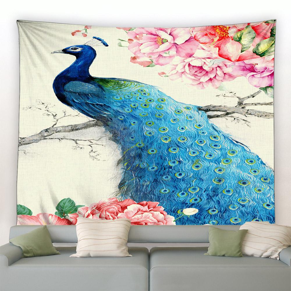Cute Peacock Tapestry Peony Flower Butterfly Bird Wall Hanging Chinese Landscape Painting Tapestry for Living Room Bedroom Decor