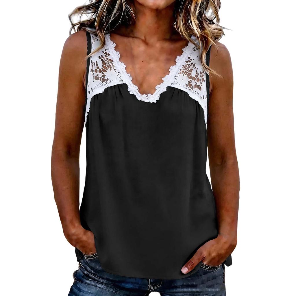 Haut sans manches en dentelle patchwork à col en V pour femme, chemisier décontracté à coupe ample, tissu léger et doux, chemise d'été pour un usage quotidien