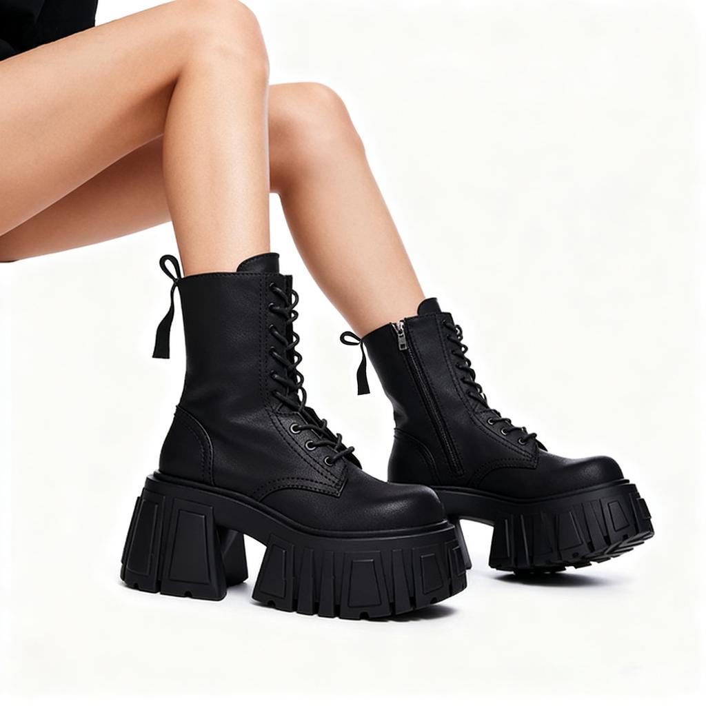 Autumn Women Boots 10CM Heels Wedges Platform PU Leather Rivet Buckle Shoes Cool Retro Punk Boots Lace-up&Zip Casual Dress Shoes