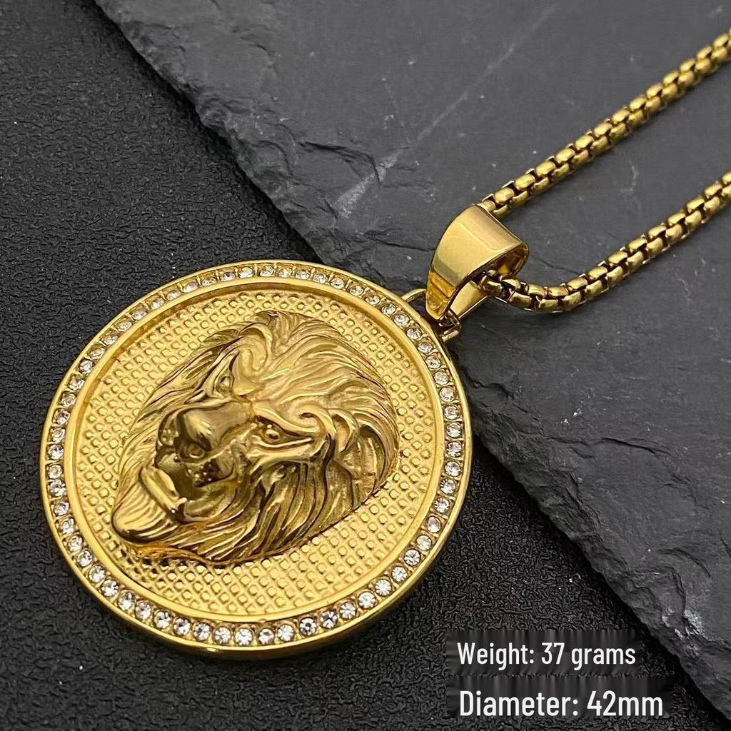 Stainless Steel Rhinestone Lion Head Pendant Hip Hop Necklace