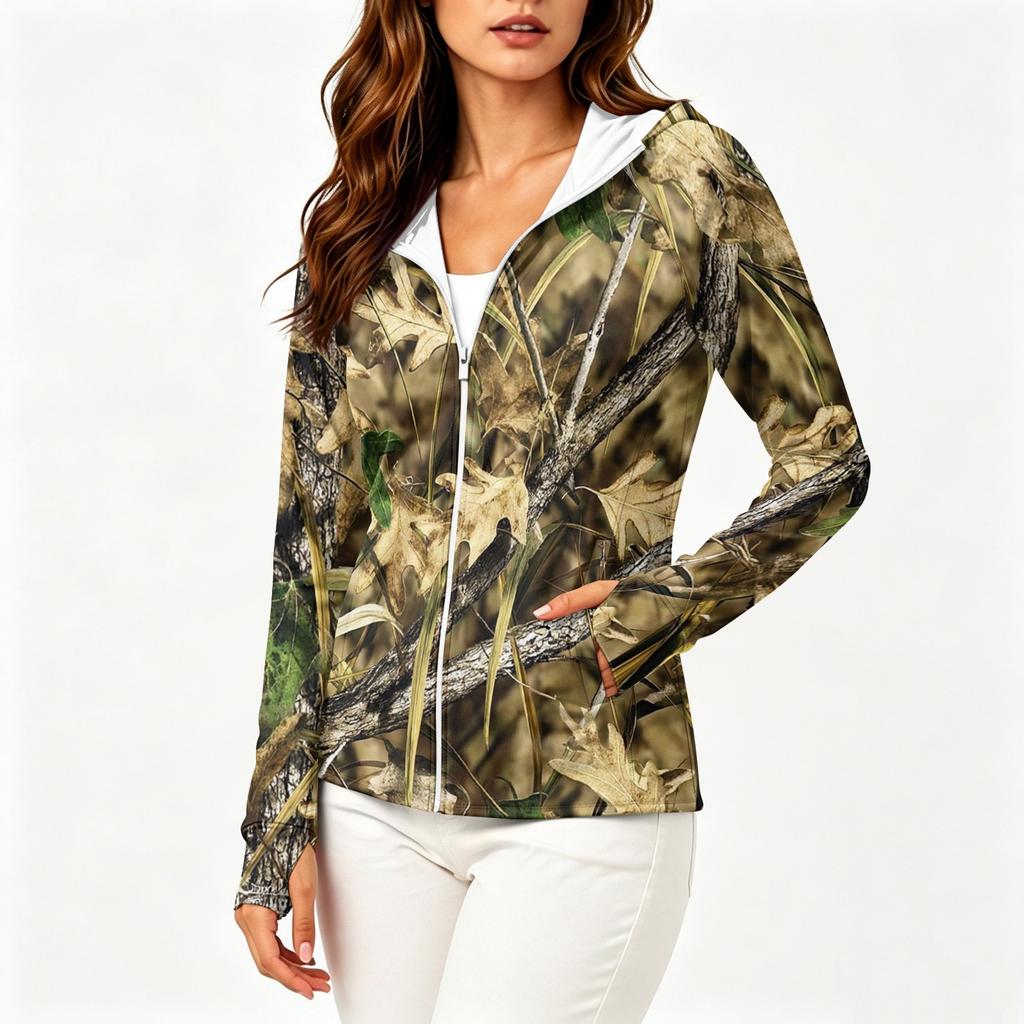 Women's Lightweight Long Sleeve Zip Up Hoodie with Pockets and Printed Design Sun Protection Jacket for Outdoor Activities