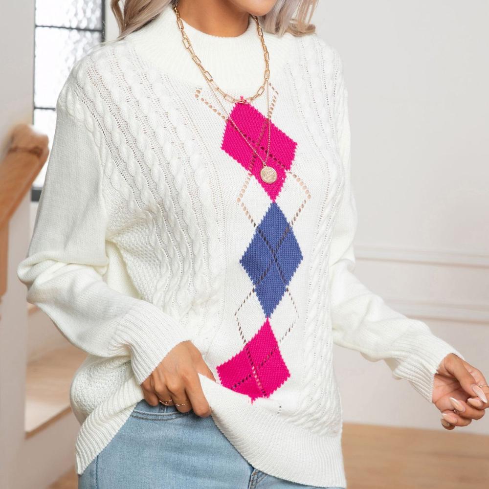 IHUASU Dámské podzimní a zimní duté kolizní prádlo s krouceným dlouhým rukávem a pletený svetr s polovyvýšeným límcem