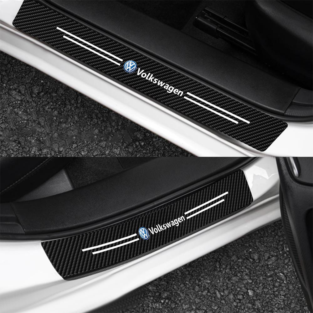 4PCS Car Door Sill Protector Plate PU Leather Carbon Fiber Threshold Anti-Scratch Bumper Valve Cap for VW Rline Golf 6 Beetle CC