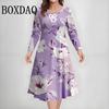 Autumn Winter Women's Print Long Sleeve Dresses Vintage Elegant A-Line Dress 3D Flowers Graphic Casual Plus Size Dress