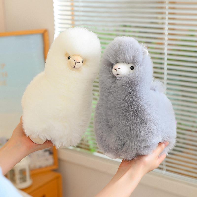 Soft Fluffy Alpaca Stuffed Toy Furry White and Gray Llama Plush Doll Cute Kawaii Farm Animal Home Decor Pillow Girl Gift