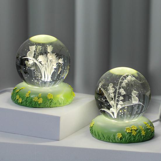 Flower Faux Crystal Ball Night Light 3D Rose Tulip Carnation