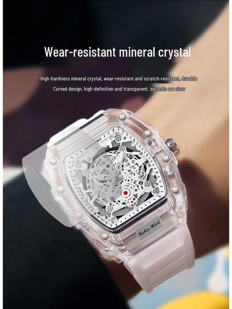 Men's Transparent Barrel-Shaped Quartz Waterproof Wristwatch