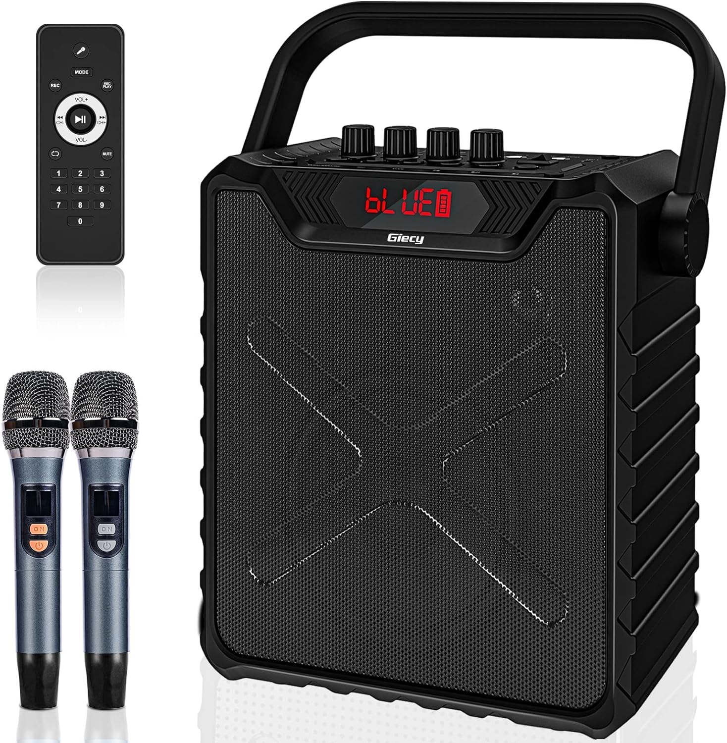 

Giecy Speaker Set, Loudspeaker, 2 Wireless Microphones, Bluetooth 5.0 Compatible, Rechargeable, UHF Microphone with Bass Enhancement Function,