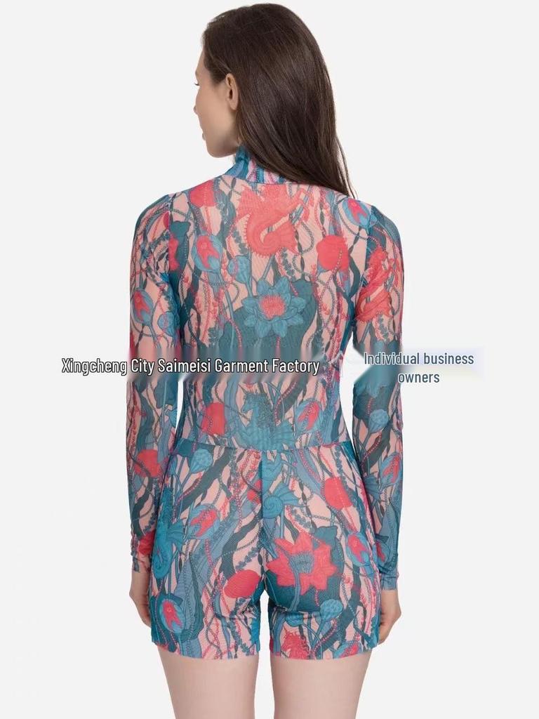 Women's Russian Printed Sexy Long-Sleeve One-Piece Surf Swimsuit with Ozon Briefs