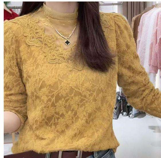 Женская зимняя бархатная кружевная элегантная стройнящая рубашка – Французский шик L (105-120 jin) жёлтый