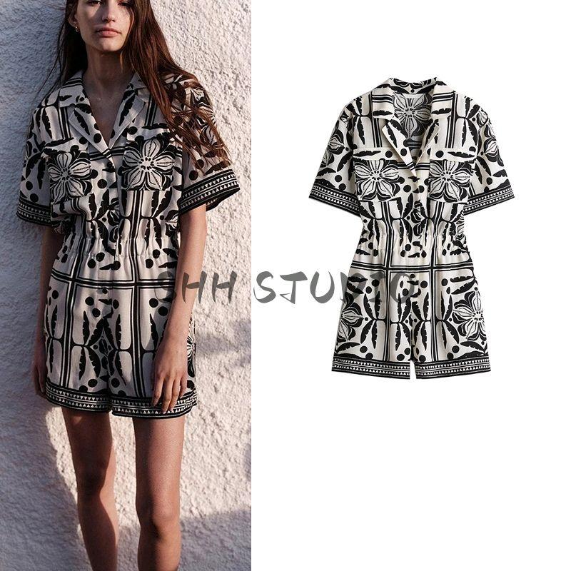 Spring and Summer New Arrival Women's Clothing Vacation Style Fashion Casual Easiest for Match Woven Cuban Collar One-Piece Shorts 1282074