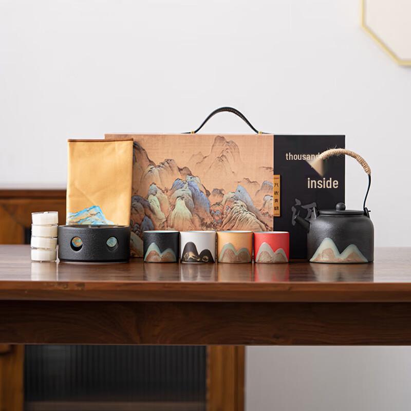 Qianli Jiangshan Hand-painted Ceramic Tea Set with Four-Color Cups