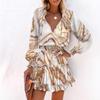 Abito Lungo con Stampa Floreale, Scollo a V, Maniche Lunghe e Orlo Arricciato per Moda Donna Primavera Estate