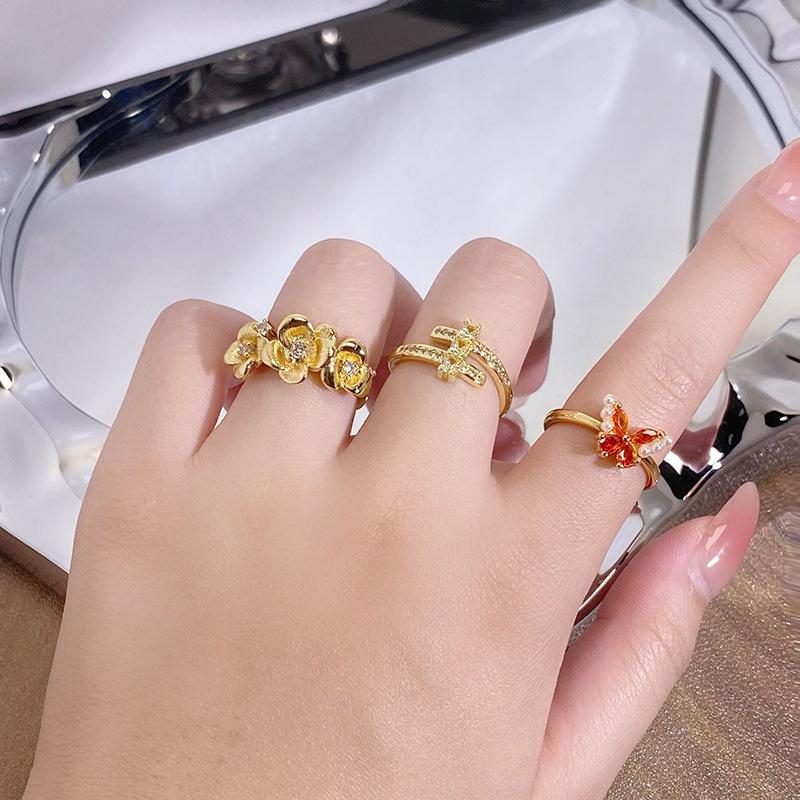 Medieval Flower Butterfly Inlaid Zircon Ring Female Niche Design Light Luxury High-End Index Finger Ring Opening Exquisite Ring
