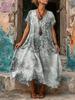 European and American women's blue retro ethnic style printing loose long dress polyester comfortable casual slim short sleeves