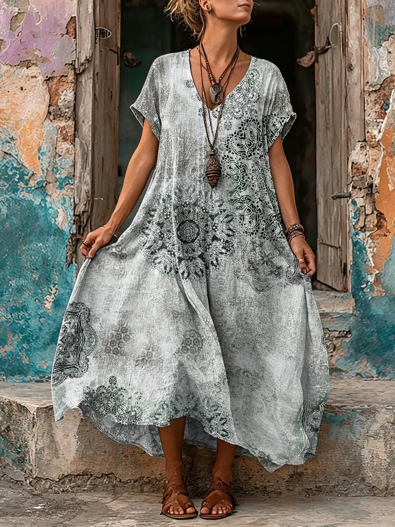 European and American women's blue retro ethnic style printing loose long dress polyester comfortable casual slim short sleeves