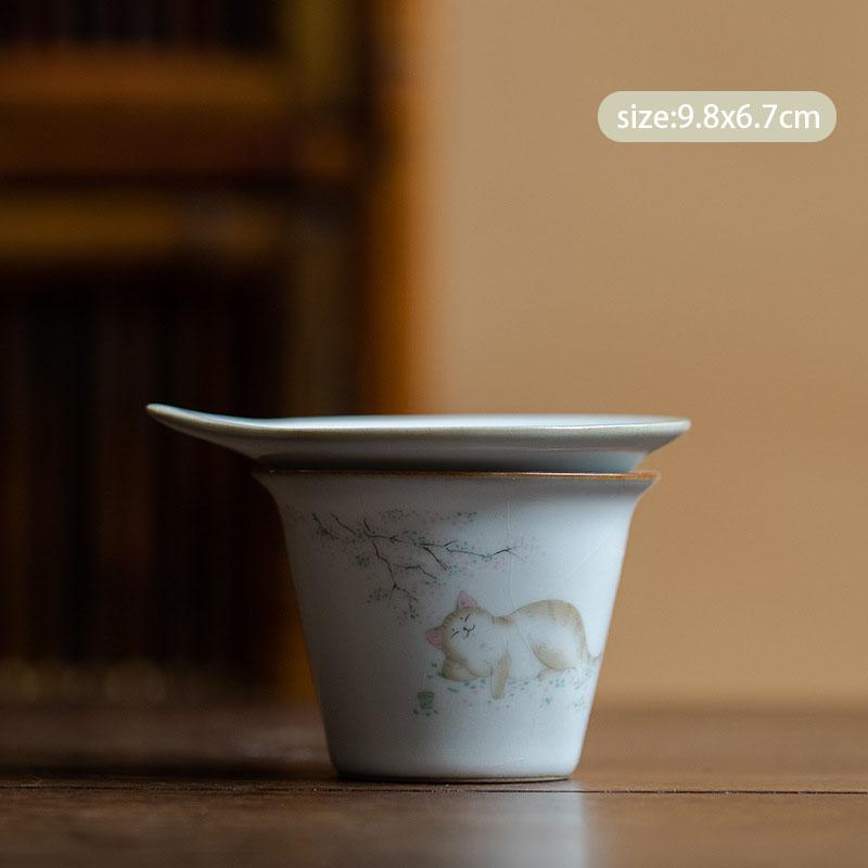 Chinese Retro Ru Kiln Ceramic Fair Cup Tea Strainer Hand-painted Cute Cat Teacup Handmade Tea Infusers Tea Set Accessories