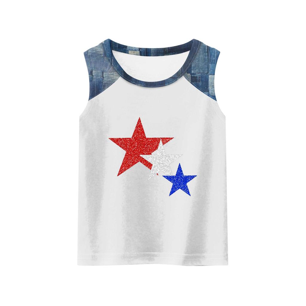 Girls Sleeveless Loose Fit Tank Top Round Neck T Shirt with Star Pattern Denim Patchwork Summer Casual Tee for Kids