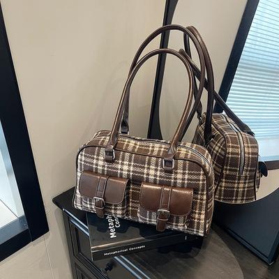 Mori Retro Plaid Woolen Large Capacity Pillow Bag Women'S Boston Bowling Bag Commuter Shoulder Armpit Bag
