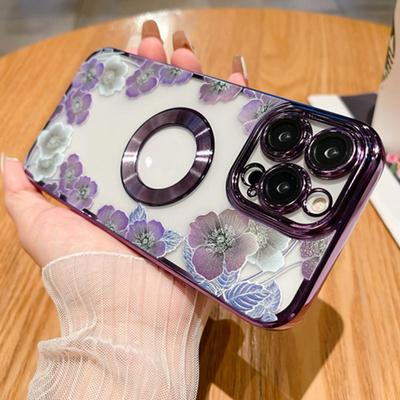 For iPhone 14 Pro Max Luxury Plating Frame Rose Flower Transparent Phone Case For iPhone 11 12 13 14 15 Plus Lens Protective Cover