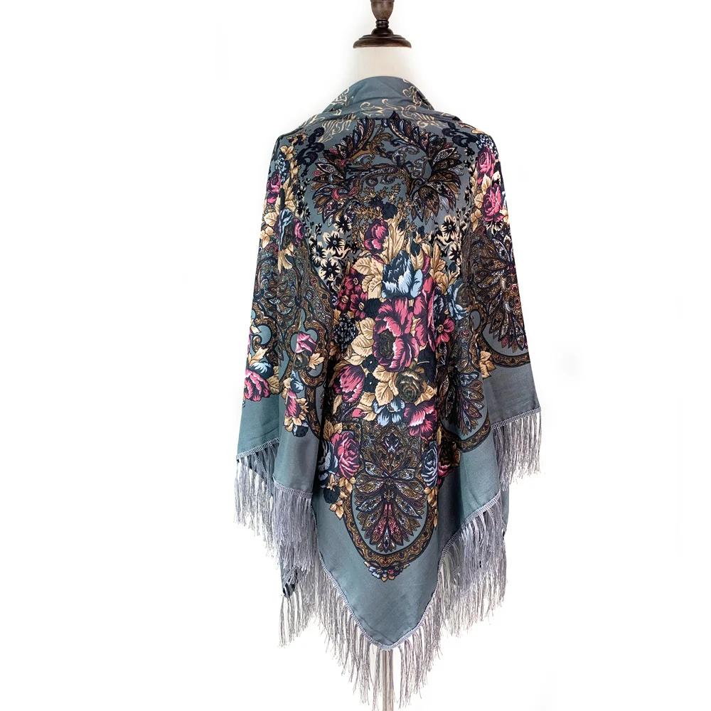 160*160cm Luxury Flower Print Russian Square Scarf Women Traditional Ukrainian Shawl Ethnic Fringed Bandana Babushka Head Wraps