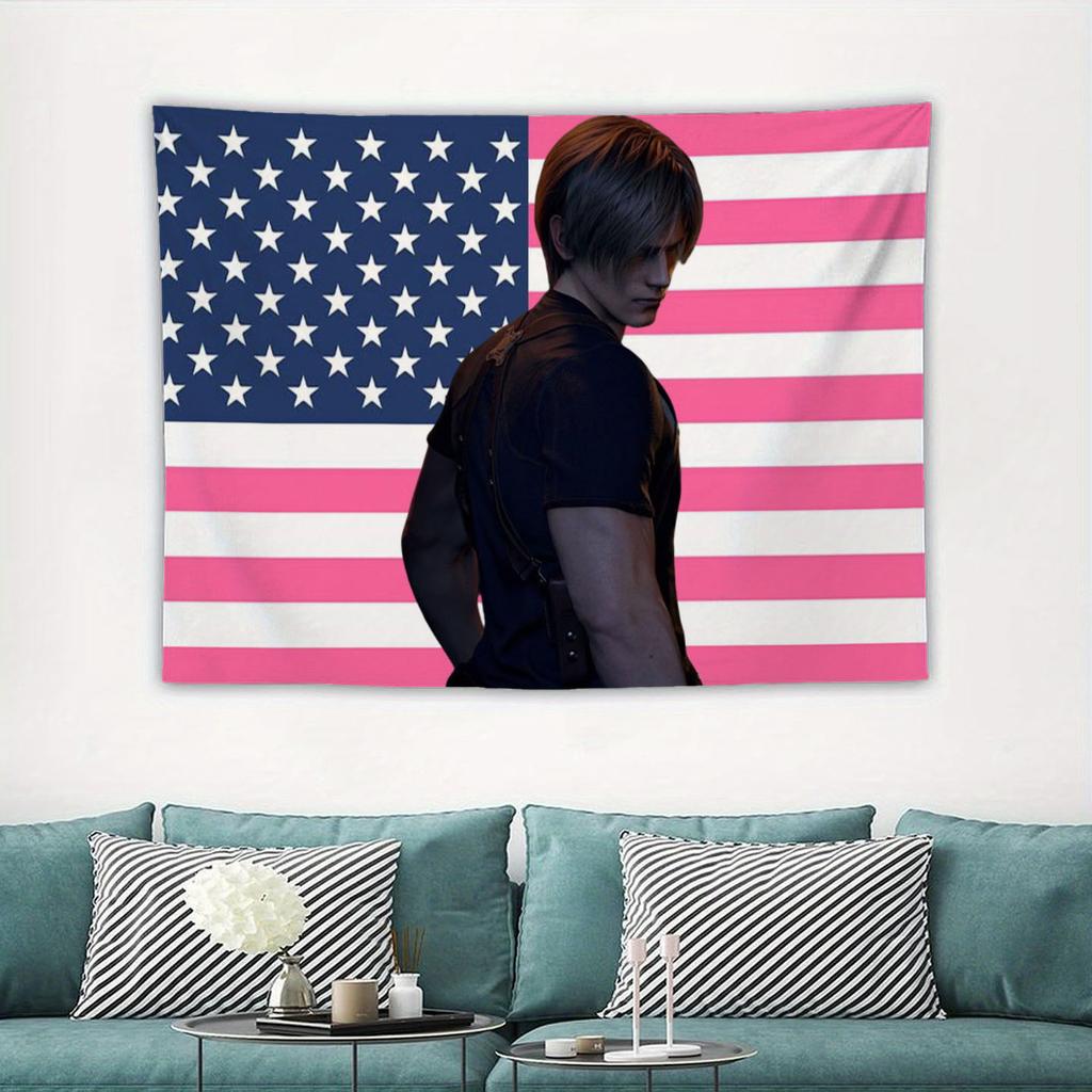 Tactical Character LLeon USA Flag Tapestry Viral Game Aesthetic Polyester Wall Hanging for Bedroom Living Room